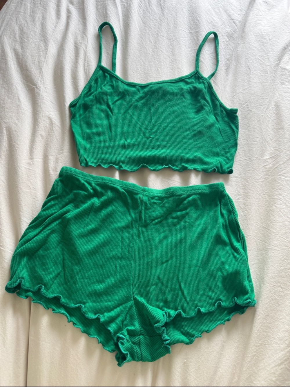 Urban Outfitters Green Ribbed Crop Cami and Shorts Sleep Set